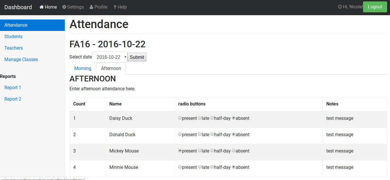 Afternoon attendance page