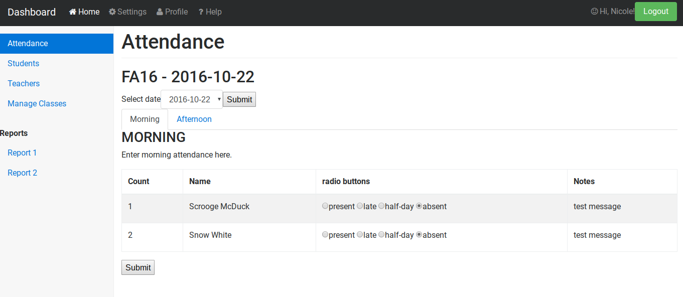 Morning attendance page