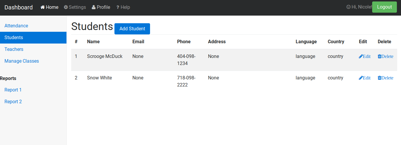 Student list page